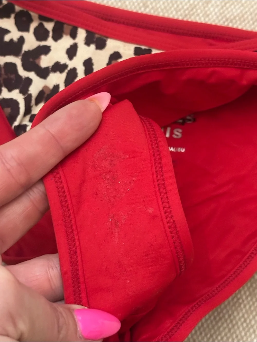 New! Frankie's Bikinis Dove Leopard Print Bikini Bottom Red Trim 38965